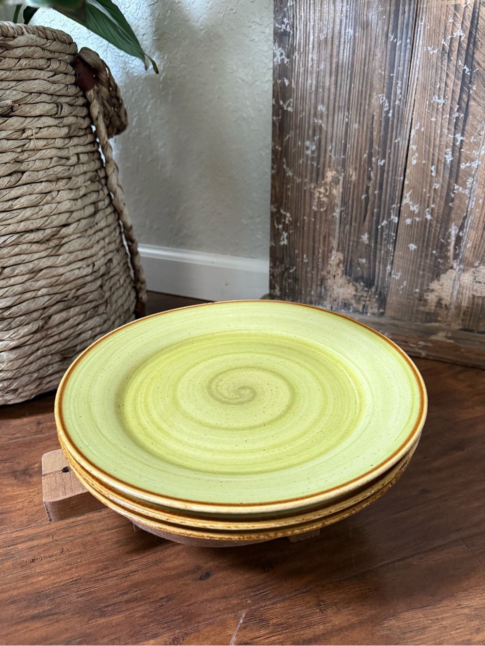 Set Of 3 Thomson Pottery  Amazon 10-5/8” Dinner Plates Green Swirl Brown Rim